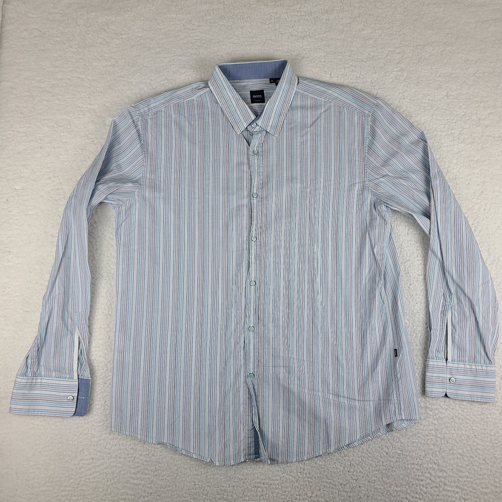 Boss Hugo Boss Shirt Mens 2XL XXL Blue Brown Striped Slim Fit Ronny 21 Button Up